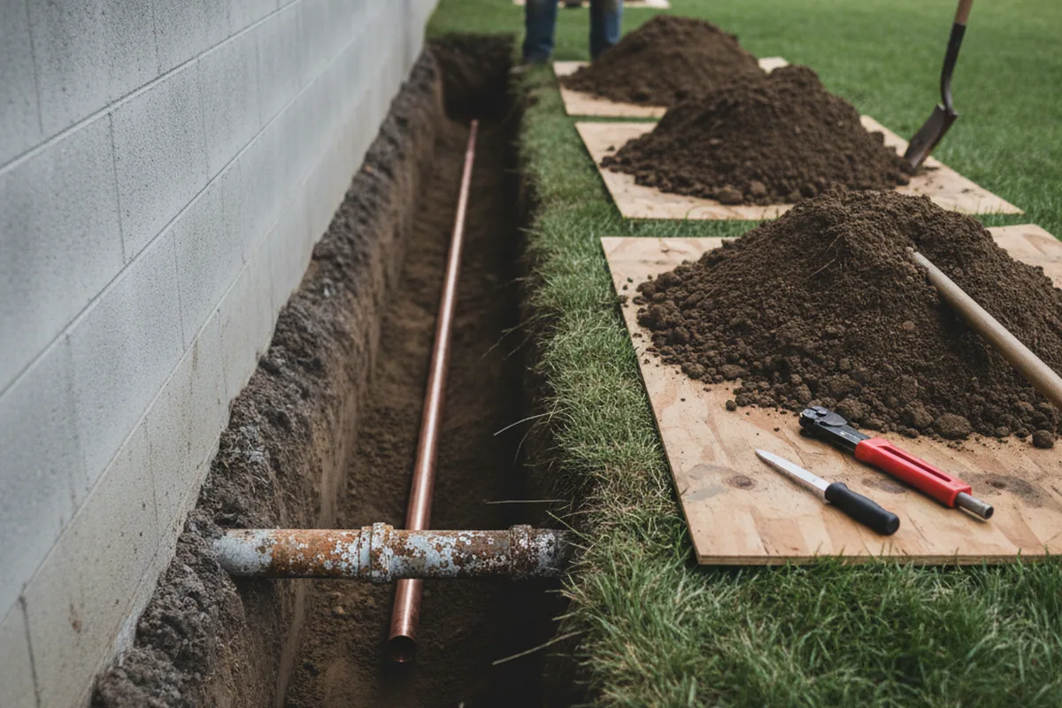 Excavated water line trench during Water Softener Installation in Eagleville